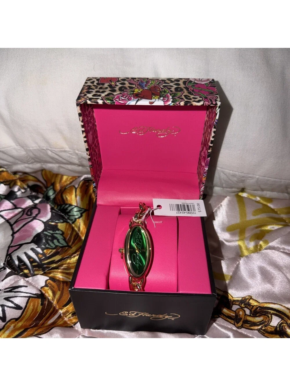Ed Hardy Women’s Oval Gold-Tone Bracelet Watch Green Dial Quartz w/ Box